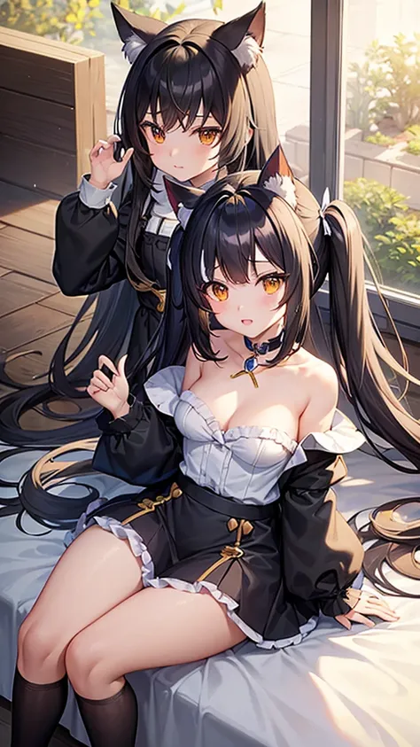 Anime characters　Princess Connect！　Cal　Cat ear　Small breasts　Lolicon　Tsundere　Little Girl　Black hair long wavy hair　Twin tails　Right bangs point color white