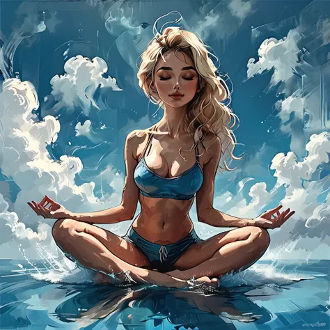 
((side view)), girl sitting on the surface of the water against on a simple blue background, 
 sitting on the water, side view girl sits in the lotus position, cloud, sea line, only water and clouds,
girl in blue Half top wrestler and blue Elastic shorts ...