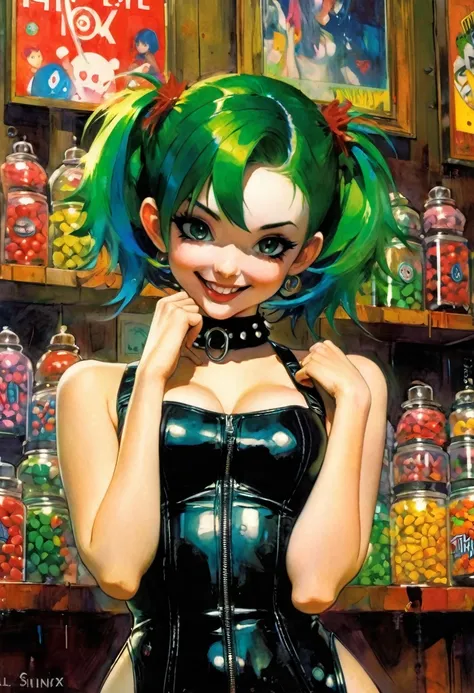 masterpiece, best quality, a girl with green hair in the middle of a small candy store, sexy and naughty smile, punk look, tight leather dress, pronounced nipples, grabs her breasts with her hands, lewd, anime, high quality , simple oil painting in the sty...