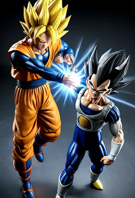 Create a 3D, anime, and realistic style image of Goku and Vegeta from Dragon Ball Super in their highest forms, both performing powerful energy attacks with intense anger on their faces.
