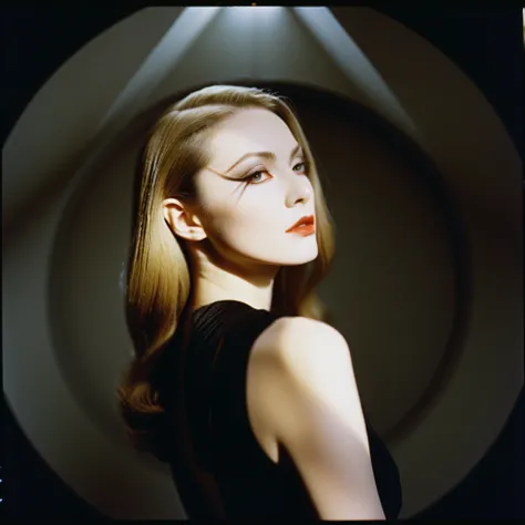 Photograph by Serge Lutens (1.8), pale skin, evil slavic woman, long dark blond hair, in profile, wide angle dim atmosphere, stunning, modern, dark, clean, artsy indoor surrounding, casting a dreamlike atmosphere eyes reflect some light, Shiseido-style Vog...