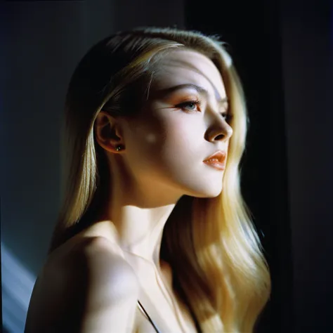 Photograph by Serge Lutens (1.8), pale skin, evil slavic woman, long dark blond hair, in profile, wide angle dim atmosphere, stunning, modern, dark, clean, artsy indoor surrounding, casting a dreamlike atmosphere eyes reflect some light, Shiseido-style Vog...