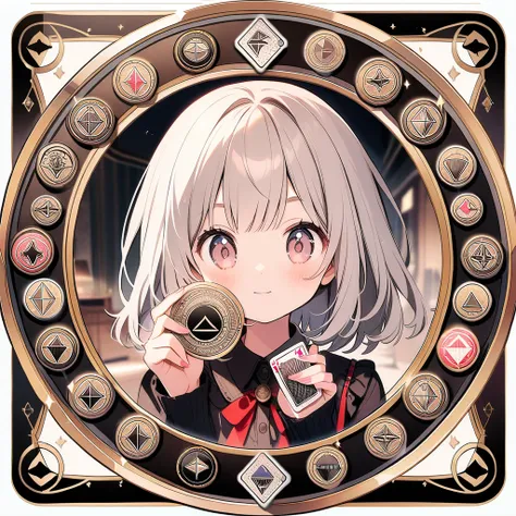 (circle frame1.7),cute woman,game cards in hand,icon, diamond circle frame  