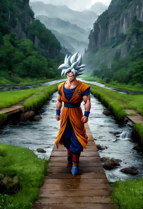 Create a beautiful image of Goku from Dragon Ball Super in his Mastered Ultra Instinct (MUI) form, walking in a valley on a bridge during a rainy day. The scene should be both realistic and picturesque.
