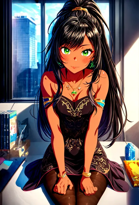 masterpiece, best quality, ultra-detailed, illustration, colorful, flat color, depth of field, 1girl, nidalee, anime, sitting, black hair, ponytail, green eyes, dark skin, fang necklace, white tribal marks, looking at viewer, at office, black business dres...