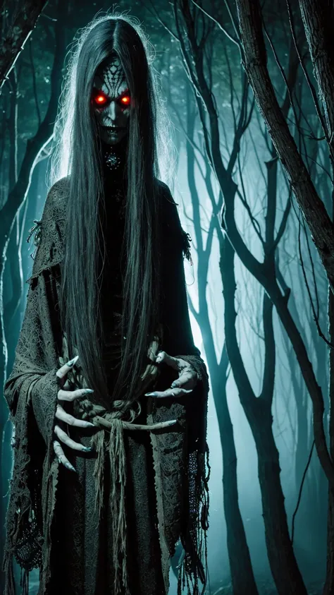 Arabian man with long hair and creepy face in the forest, Scary magic background, Forest Witch, Gothic Maiden Shaman, Terrifying creatures, Creepy people, Gothic Wraith Maiden, A necromancer wearing a dark cloak, dark witch character, Vecna from Stranger T...