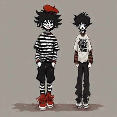 boy mime, shirt grunge, sketchy lines, messy hair, black hair, wearing a beret, score_8_up, score_9_up,happy, has mime makeup on, wearing a mime outfit, dark blue eyes, performing on the streets of paris, miming, showing full body, on a city street