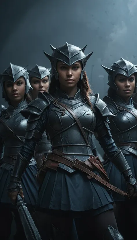 a group of female sailors tieflings with dark armours, illustrated movie poster, hand-drawn, full color, (best quality,4k,8k,highres,masterpiece:1.2),ultra-detailed,(realistic,photorealistic,photo-realistic:1.37),fantasy art, dark fantasy, dramatic lightin...