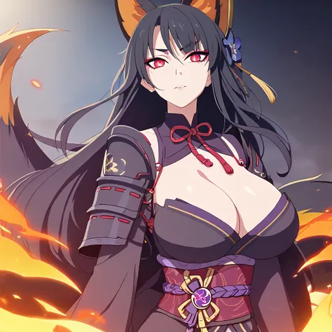 a beautiful detailed black kitsune girl, long black kitsune ears, multiple black kitsune tails, Shogun armor, 8k, anime style, red eyes, big breasts, extremely detailed eyes and face, ultra-detailed, 4k, high quality, vibrant colors, long black hair, matur...