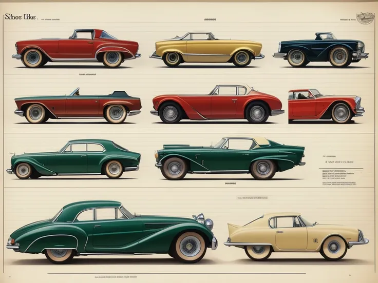 vintage car design sheet page scan, informative graphs, concept sheet illustration, make it on white sheet, minimalism