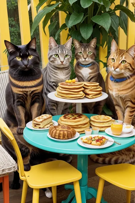 

Create a high-quality painting of a brightly lit brunch scene with several cats and delicious food on a table.
Include a variety of cats of different breeds and colors, all sitting around the table or perched on chairs.
Depict a variety of brunch foods o...