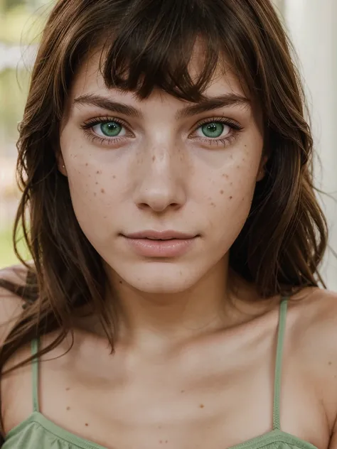 Realistic portrait photo of a beautiful 20-year-old woman with brown hair, influencer, clear and intense green eyes, instagram, slim body, playful, flawed skin, north american, american, brunette, mole under eye, flirty, busty, buxom