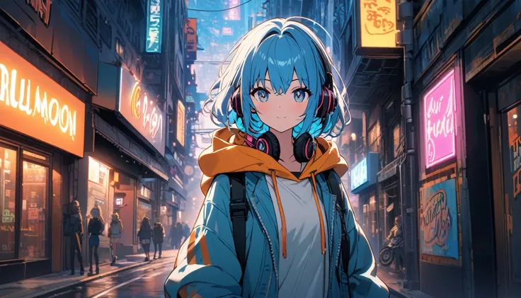 blue-haired girl, hoodie, headphones, neon signs, streets, blue-moon