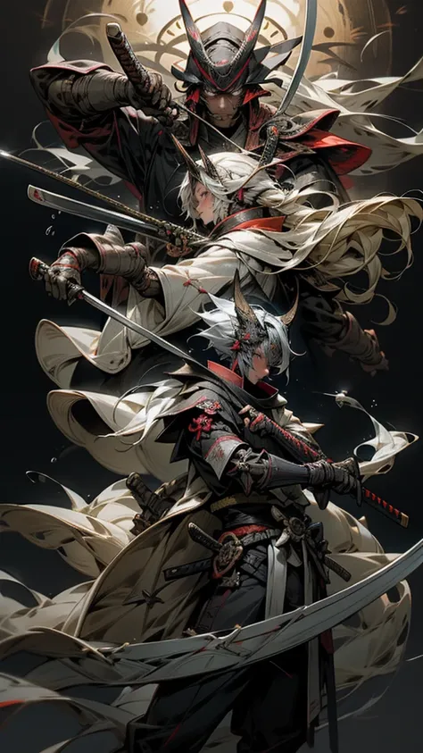 a person with super long platinum hair standing in a field with a rifle, a magic fishing rod weapon, many floating swords, a ninja with a water wave katana, sharp Final fantasy 14, awakened samurai, holding a scythe, a robot with fishing rod, giant scythe,...