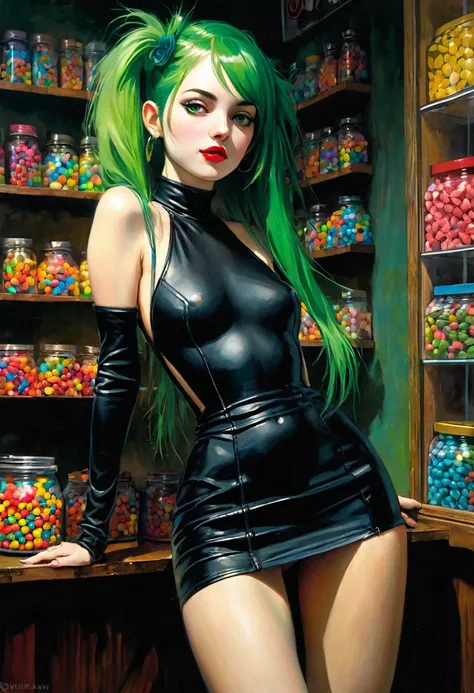 erotism , small tits, pronounced nipples,woman long green hair, full body, perfect ass {{{{1woman,realistic,photorealistic}}}}, perfect ass, good girl face, very small breasts, {{a girl with green hair in the middle of a small candy store, sexy and naughty...