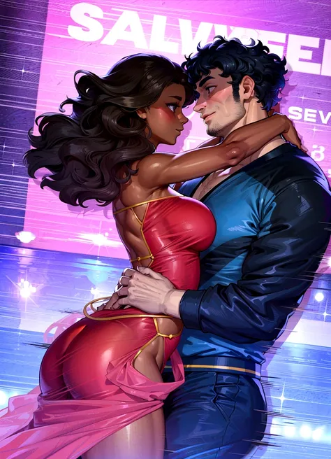 Hdr, masterpiece,4K, ray tracing, best quality, 1boy, 1girl, steven quartz universe, connie maheswaran,  face to face,enamored couple, passionate sensuality, nightclub background, erotic dancing, couple focused,  couple dancing together, highly-detailed an...