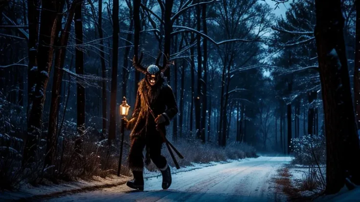 Horror, krampus, super skinny, kidnapping, nighttime, woods, winter. 