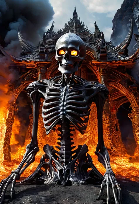 danligur, the fire skeleton king, eva, emerging, fallen alien temples, 4th dimension, hyper realistic