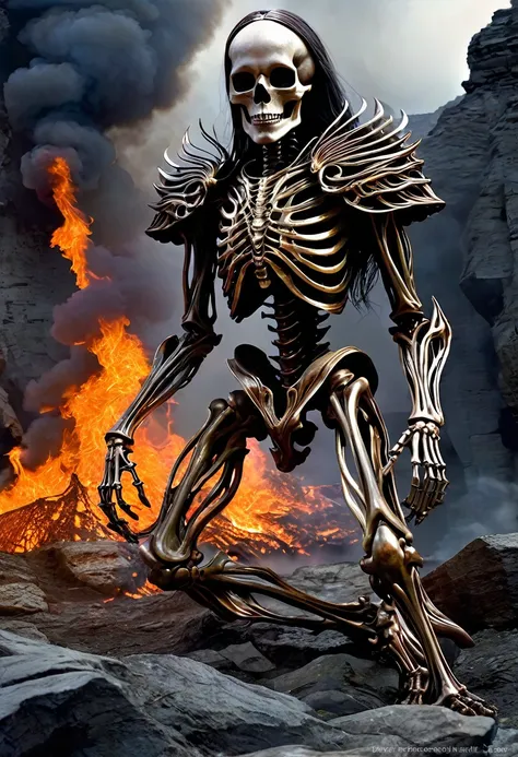 danligur, the fire skeleton king, eva, emerging, fallen alien temples, 4th dimension, hyper realistic