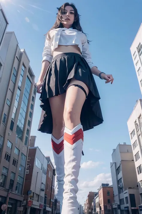 giant maiden in sneakers，der riese、girl taller than the building，from below, round and large eyes、tallgts,giantess，full body pho...