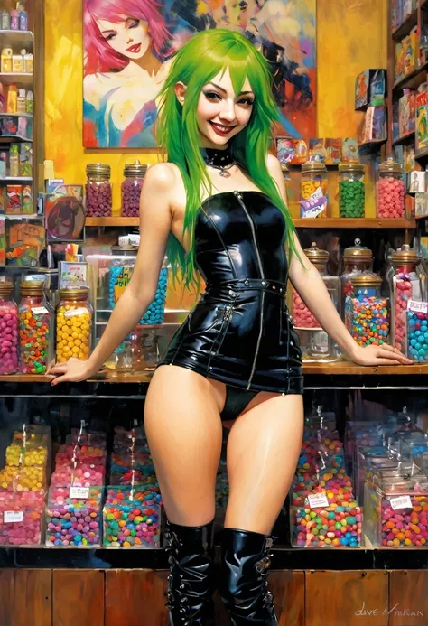 erotism , small tits, pronounced nipples,woman long green hair, full body, perfect ass {{{{1woman,realistic,photorealistic}}}}, perfect ass, good girl face, very small breasts, {{a girl with green hair in the middle of a small candy store, sexy and naughty...