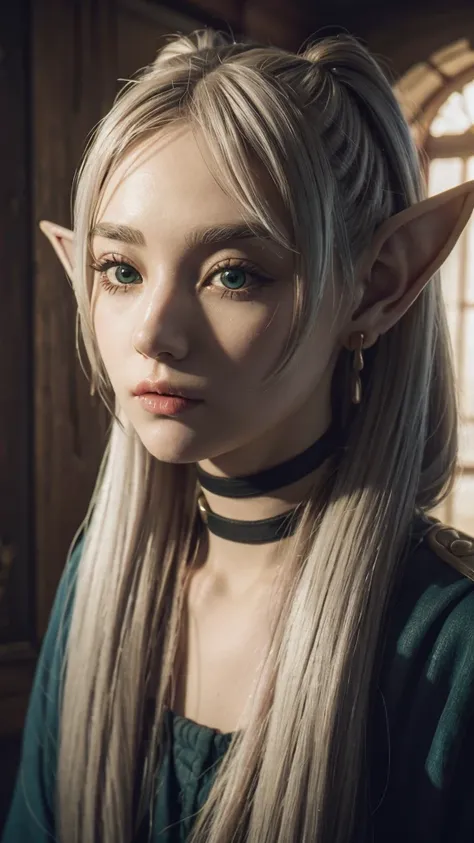 In realistic portrait of high quality and detail, Frieren (Sousou no Frieren), movie style, european, A petite elf with green eyes, thick eyebrows and long white hair parted in the middle and braided into two high pigtails. Like all elves, she has large po...