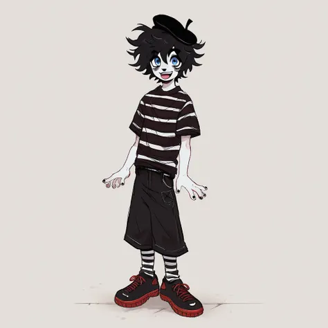 young adult male mime, shirt grunge, sketchy lines, messy hair, black hair, wearing a beret, score_8_up, score_9_up,happy, has mime makeup on, wearing a mime outfit, dark blue eyes, performing on the streets of paris, miming, showing full body, on a city s...