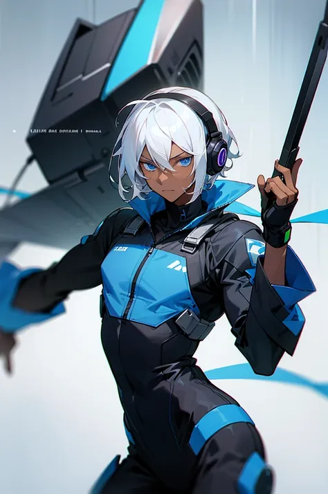 young adult, male, white hair, blue eyes, african american dark skin color, black jumpsuit, headphones, trion body, armed.