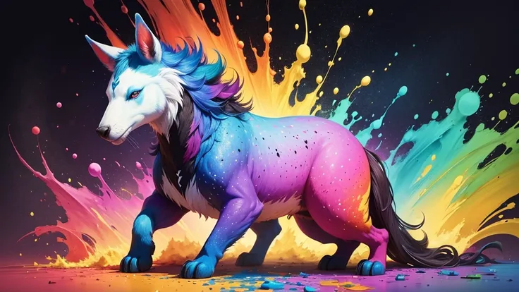 magical nature animals made of colorful paints. tintas derramadas por toda parte, paint explosions.
