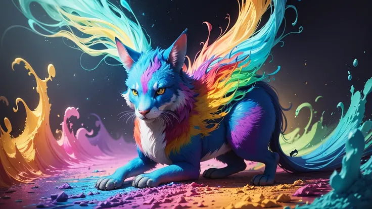 magical nature animals made of colorful paints. tintas derramadas por toda parte, paint explosions.
