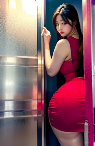 tall fat xxapple girl bumping her huge butt in a sexy chinese dress , trying to squeeze out of a tiny door in the elevator at the office, she is too big, she is stuck