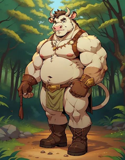 A male chubby muscular anthropomorphic cow a skimpy tunic, boots, and gloves, in a forest