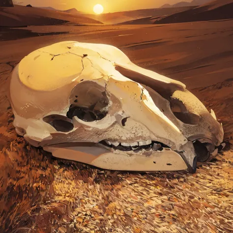 animal skull, dead animal, in the middle of savana, just regular animal skull, 