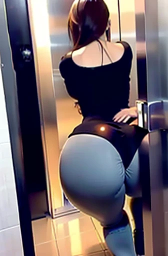 tall fat xxapple girl bumping her huge butt in a sexy chinese dress with leggings, trying to squeeze out of a tiny door in the elevator at the office, she is too big, she is stuck