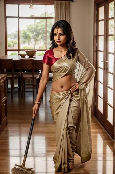 Indian girl wearing saree while sweeping the house, ultra realistic 8k hard clearty 