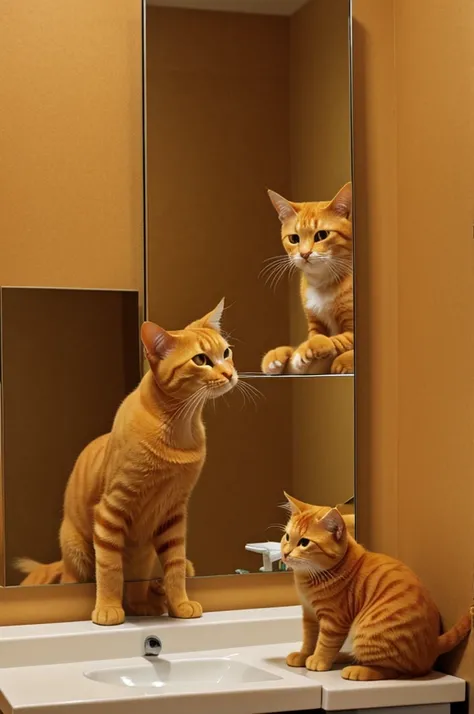 Realistic image orange baby cat brushing its teeth in front of a mirror in the bathroom 