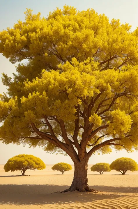 Imagem na horizontal, Arabian desert with just one very large tree with yellow flowers
