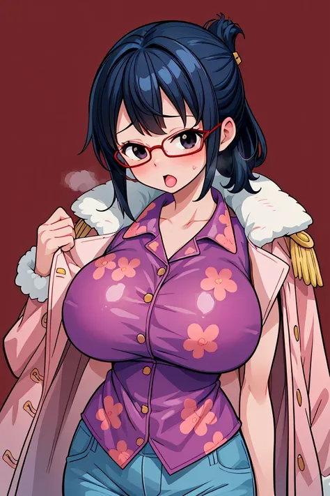 (masterpiece, best quality)(source_anime) tashigi, black eyes, folded ponytail, glasses, pink coat, coat on shoulders, purple shirt, blue pants, upper body, looking at viewer, big hip, big tits, ahegao