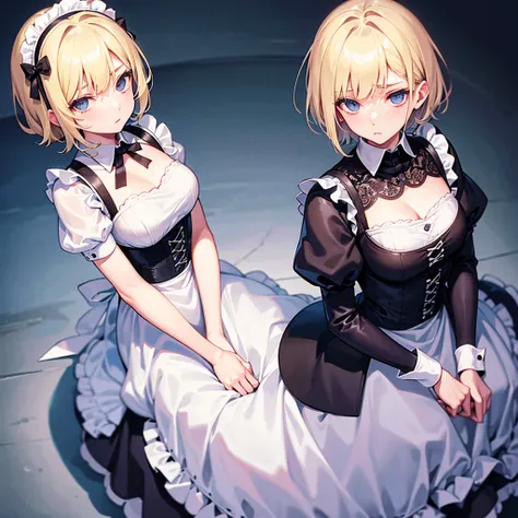 blonde short haired girl ,blue eyes,emotionless eyes,maid outfit