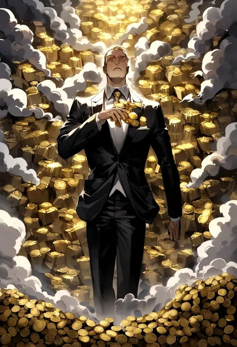 A detailed painting of a person in a suit, surrounded by a flurry of dollar bills and gold bar, gold coins, white smoke flying in front (((a lot of smokes)))