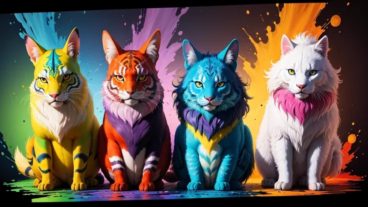 three magical nature animals made of colorful paints. tintas derramadas por toda parte, explosions of colorful paints.
