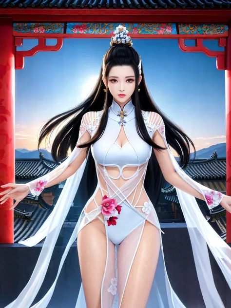 top quality, masterpiece, high resolution, chinese,，，，，,the peak,,,the peak,,,rooftop,,,,,,,naked,，stand erect，,1girl, charming ...