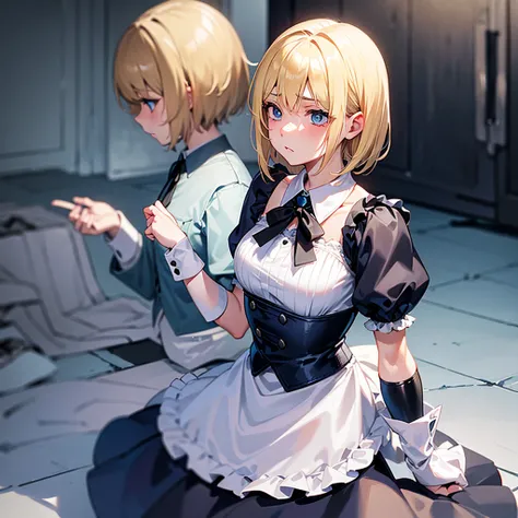 Blonde short haired girl ,blue eyes,Emotionless eyes ,Forced to surrender to become a maid