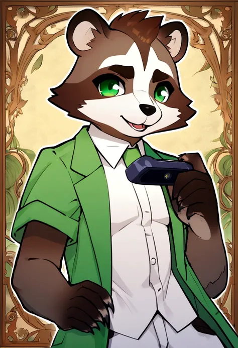 a tall, attractive male raccoon with vibrant green eyes, wearing a sexy, revealing shirt, gaming, kind expression, furry, cartoon