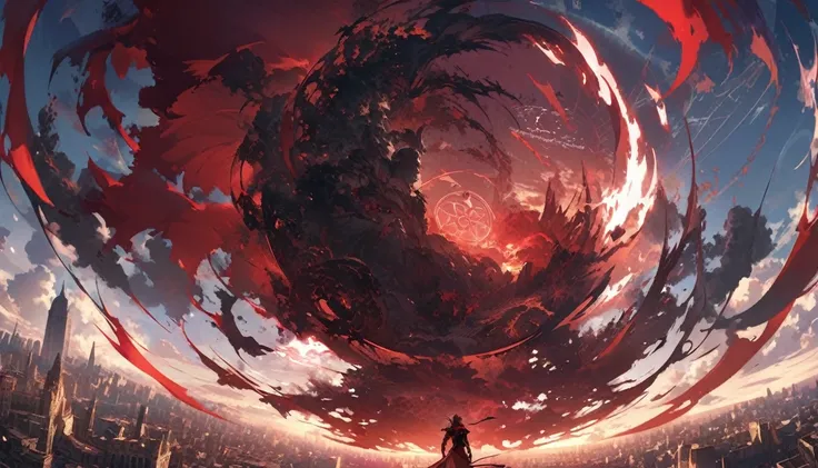 A pale magic circle floating in the sky, ,A hero who stands against the destruction of the world,1 boy with wine red hair, back of the character, city in the background