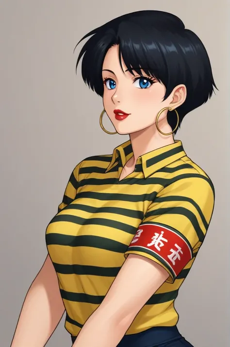 best quality,masterpiece,looking at viewer,absurdres,1girl,score_9,score_8_up,score_7_up,source_anime BREAK 1990s (style),retro artstyle,aida yayoi,blue eyes,black hair,short hair,jewelry,earrings,hoop earrings,lipstick,makeup,shirt,striped shirt,yellow sh...