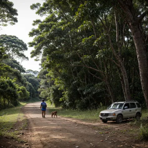  scene with the camera close to the ground, mostrando um adulto com mochila nas costas, like a survivalist and a small dog leaving a highway and heading towards a tropical forest, a qual parece ser abandonada, with many trees and in the foreground, um cogu...