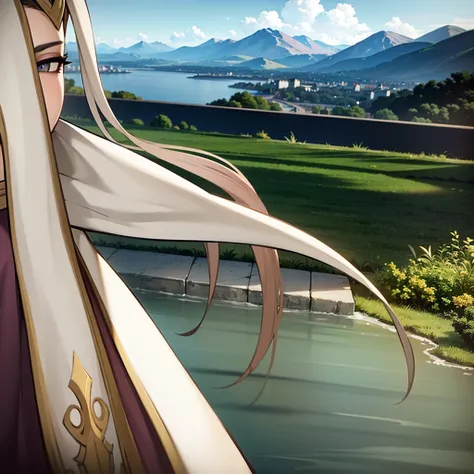 A beautiful woman with long flowing hair, detailed eyes and lips, wearing a flowing dress, gazing out at a serene landscape with mountains and a lake in the background, (best quality,4k,8k,highres,masterpiece:1.2),ultra-detailed,(realistic,photorealistic,p...