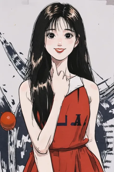 1girl, solo, slim, tall girl,  long hair, looking at viewer, smile, red basketball uniform, bare shoulders, collarbone, hand in own hair, black eyes,
 