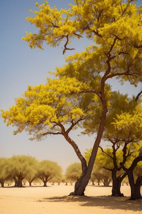  Arabian desert with just one very large tree with yellow flowers, com um homem arabe embaixo dela vendo o por do sol avermelhado no horizonte
